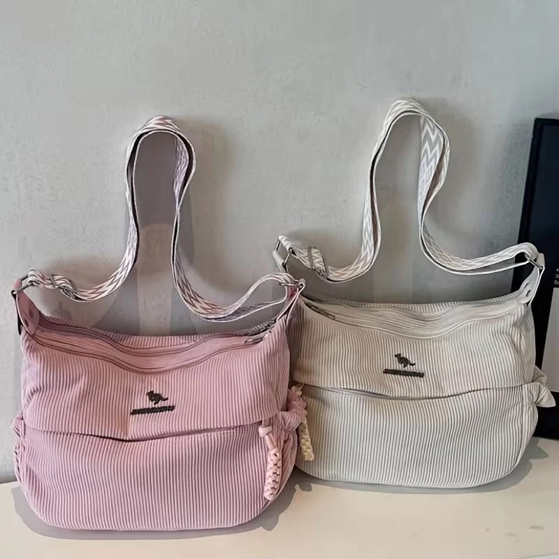 Bolsa Feminina Veludo Cotelê Grande Capacidade Bolsa Tiracolo Ombro Alça Larga Estampada Casual Escolar Faculdade — imagem 2 de 2