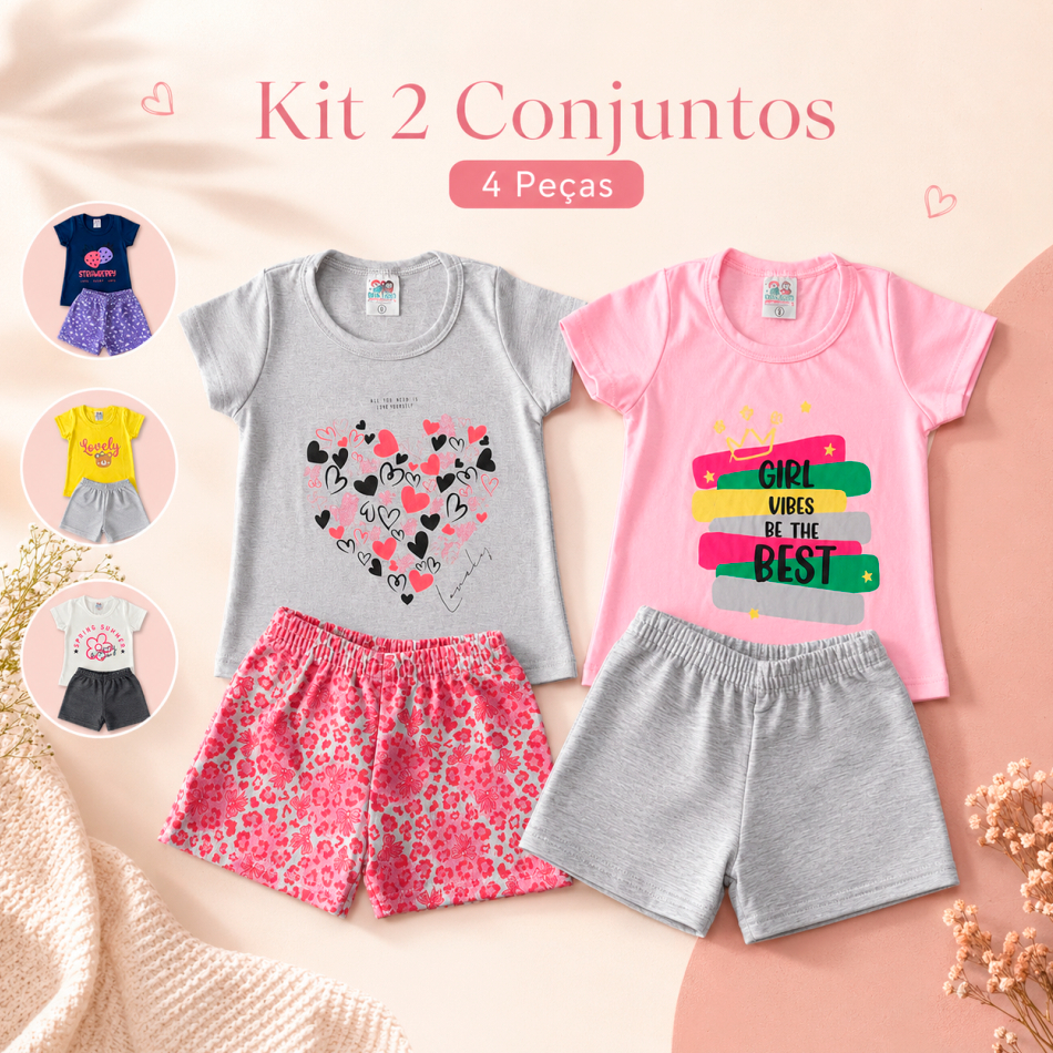 Kit 2 Conjuntos Infantil Menina 4 Peças Blusa 100% Algodão Short Em Moletinho Estampado Roupa Verão