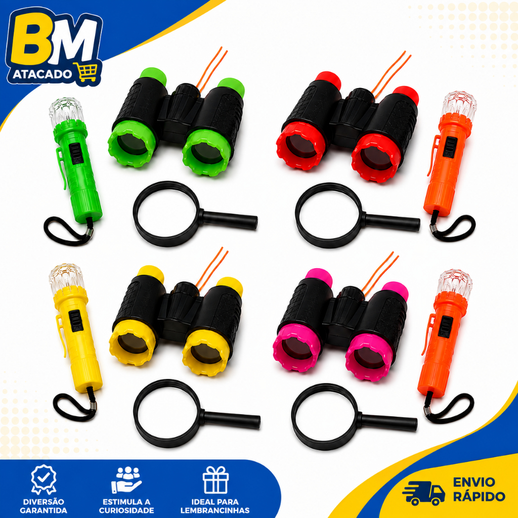 Kit Detetive Binóculos + Lanterna + Lupa infantil Colorido Lembrancinha Festa