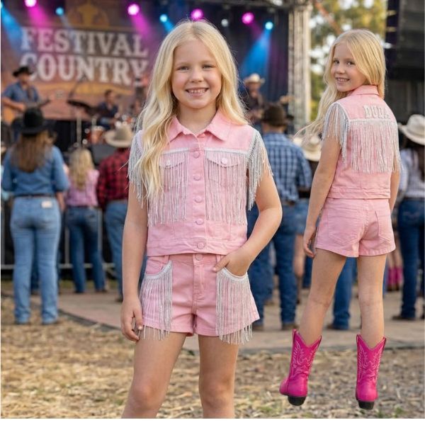 Kit Conjunto Infantil Jeans para Meninas Colete e Short com franjas Boiadeira -Texas- Cowgirl