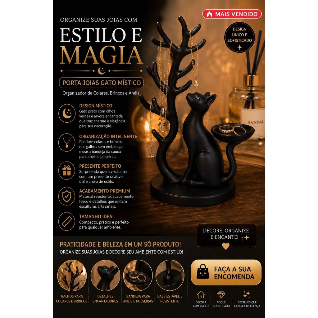 Porta Joias Gato Preto Místico Árvore Organizador de Colares Brincos Anéis Decoração Quarto