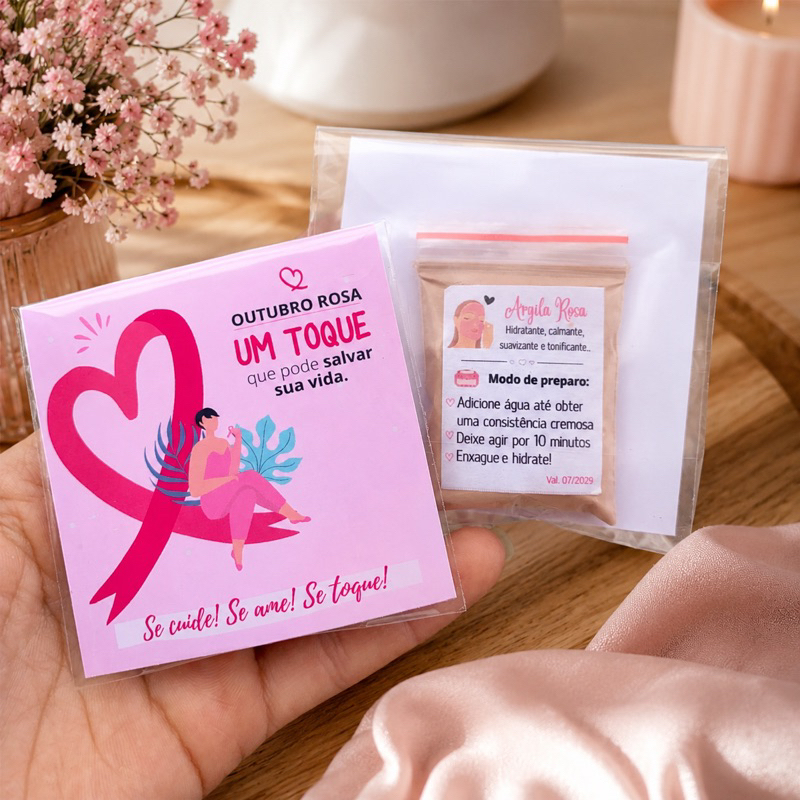 20/50 Lembrancinha outubro rosa personalizado | Mimo argila rosa | Loja cliente clinica mulher delicado