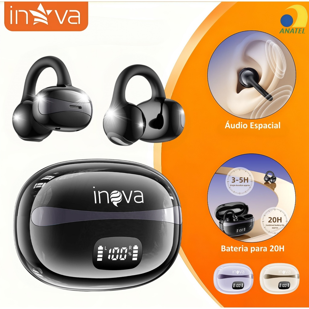INOVA Fone Bluetooth Clip Ear Sem Fio com Microfone | Cancelamento de Ruído, Esportes e Jogos