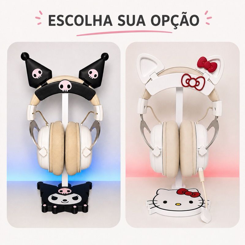 Suporte Headset Kuromi e Hello Kitty com Orelhas Decorativas Kawaii
