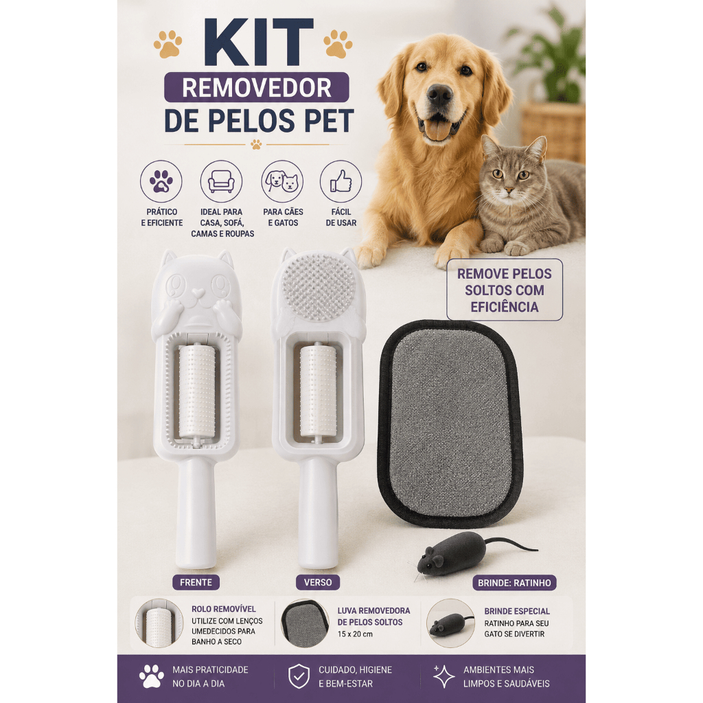 Kit Tira Pelos Pet Escova 4 em 1 + Luva Removedora de pelos Cães Gatos Sofá Roupas + Brinde