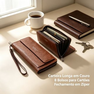 Carteira Masculina Com Zíper Longo – Bolso Para Telefone Em Couro PU De Grande Capacidade , Vários Compartimentos Cartõe