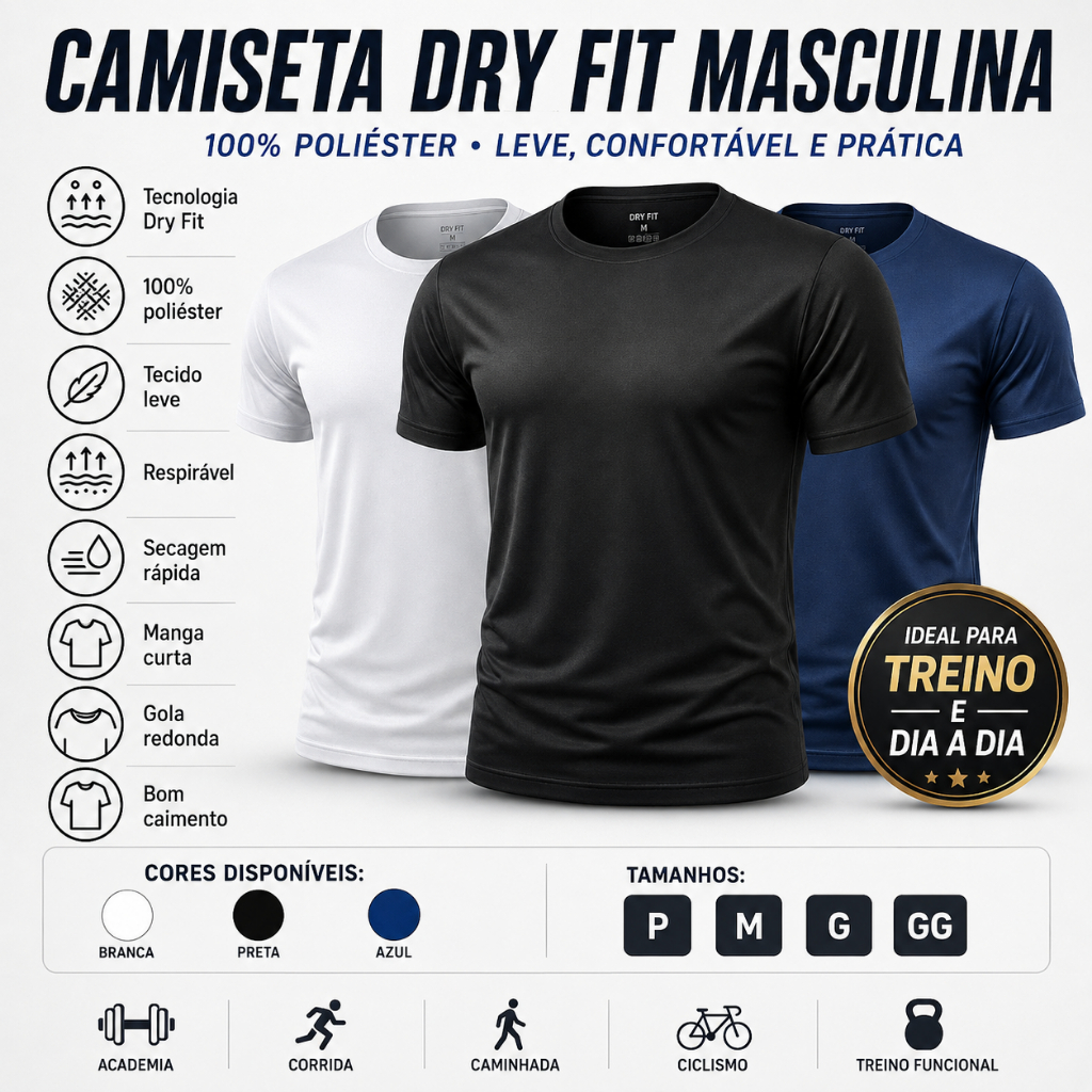 Camiseta Dry Fit Masculina Esportiva 100% Poliéster Manga Curta Leve Respirável Academia Corrida Fitness