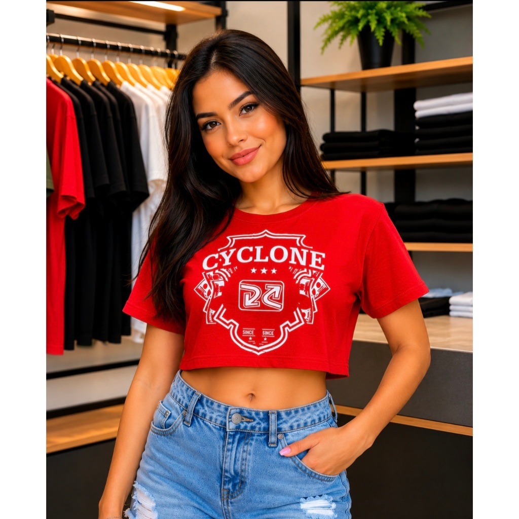 Camiseta Cropped feminino Estampa Cyclone Algodão e elastano