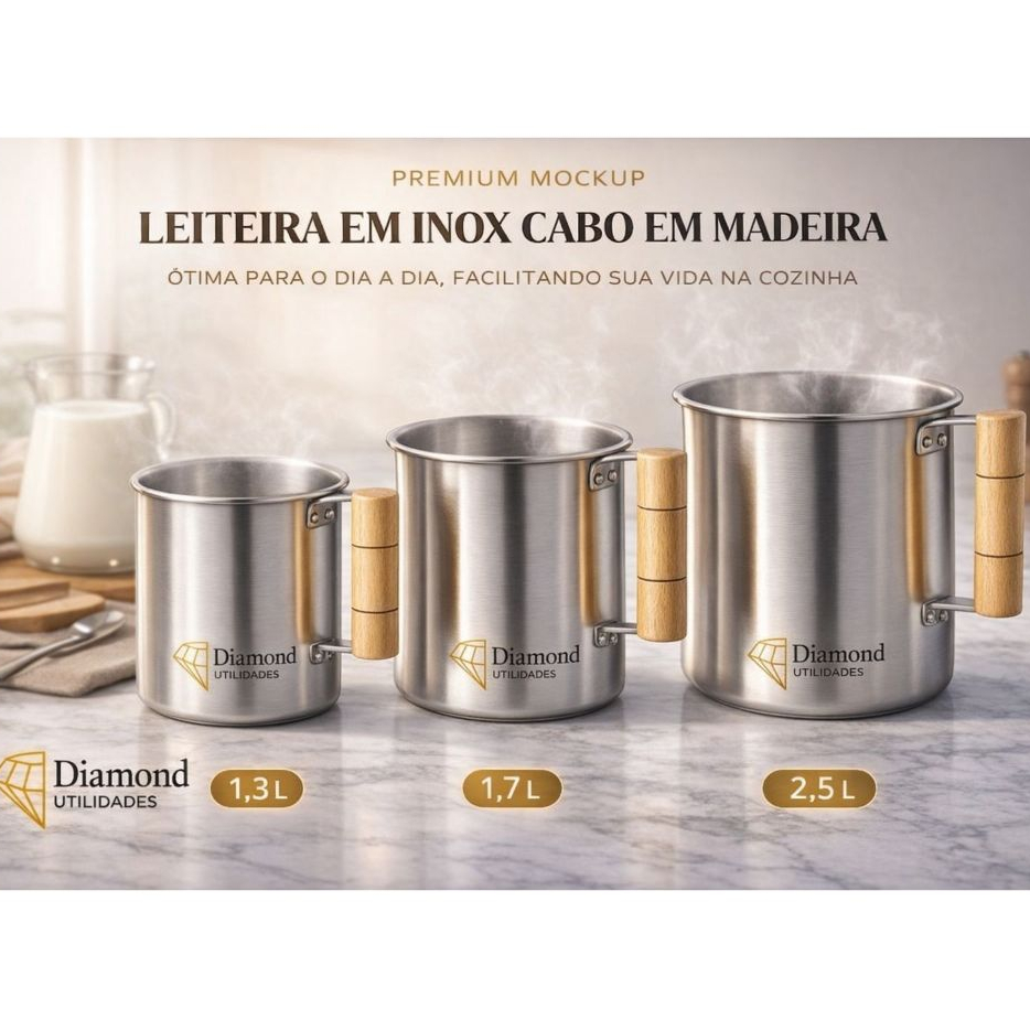 Kit 3 Canecas Leiteiras Alumínio com Cabo de Madeira Nº 12, 14 e 16 – Fogão Cozinha