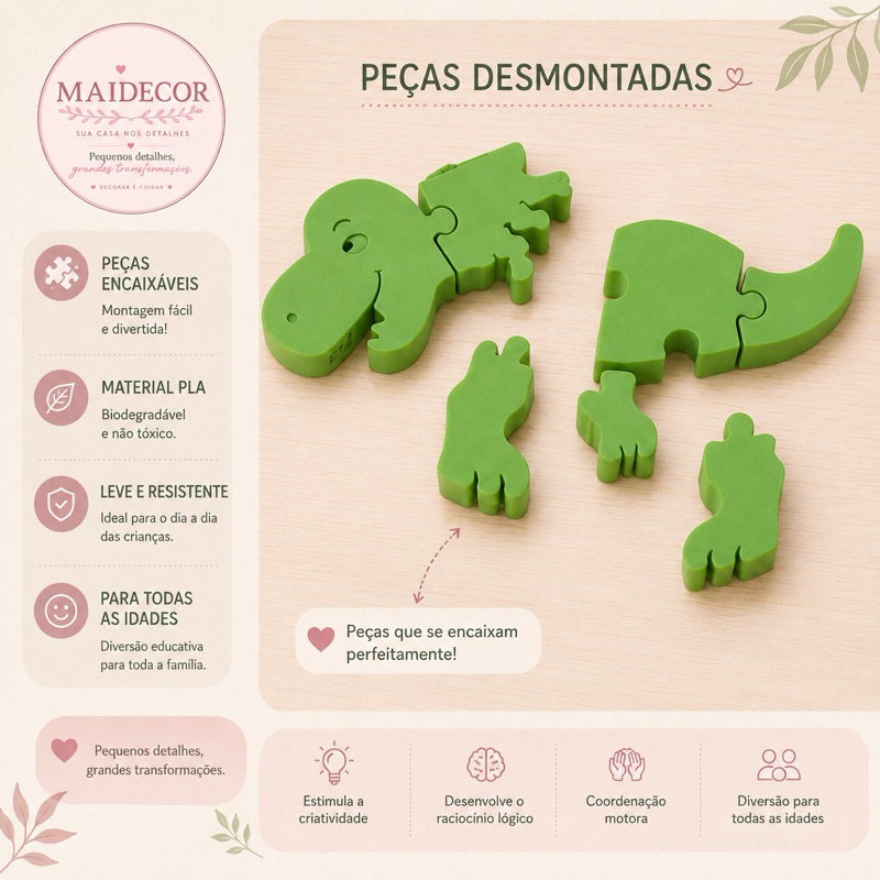 Quebra-Cabeça Dinossauro 3D Infantil Educativo em PLA