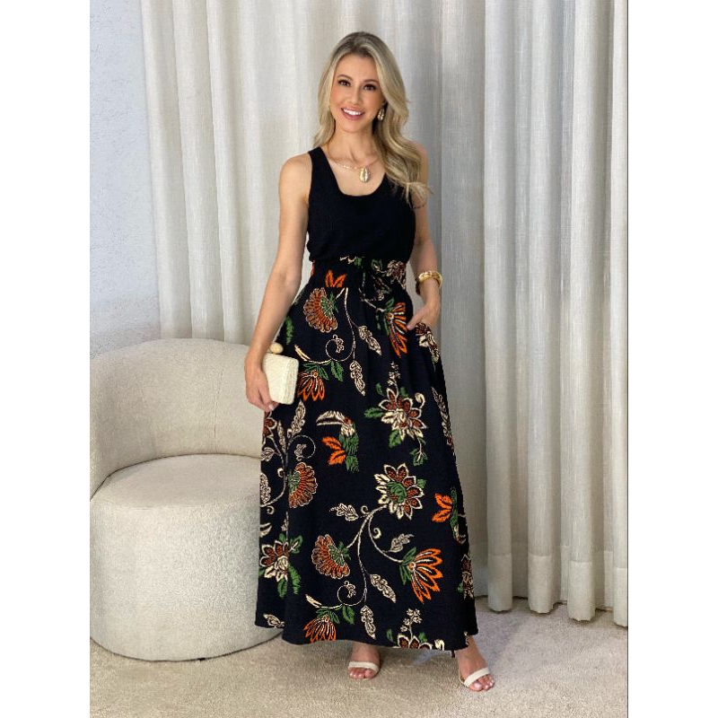 Saia Longa con Fenda Femenina Viscose Lindo Estampa Floral Tucano Tropical Cintura Alta Verāo Moda