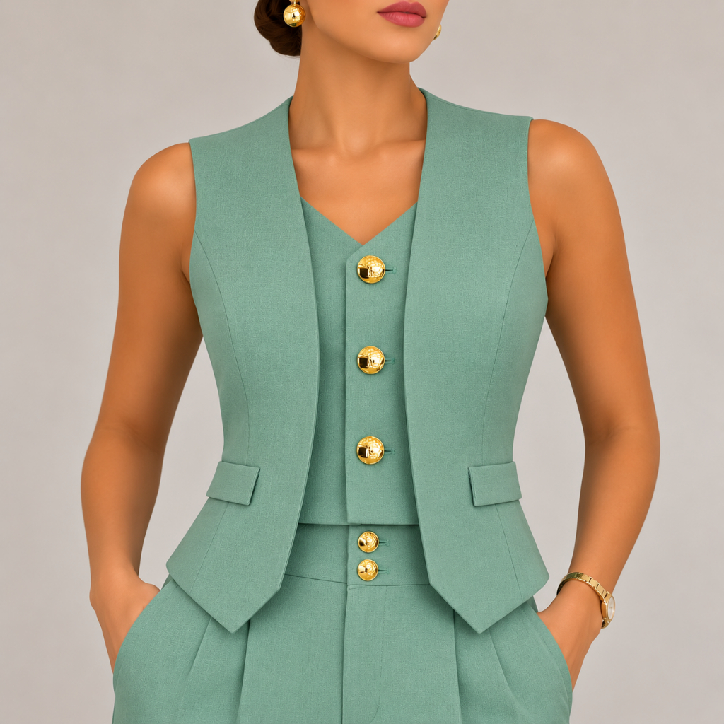 Conjunto Feminino Poá Alfaiataria elegante Colete Miriam e Calça Pantalona Caimento Impecãvel
