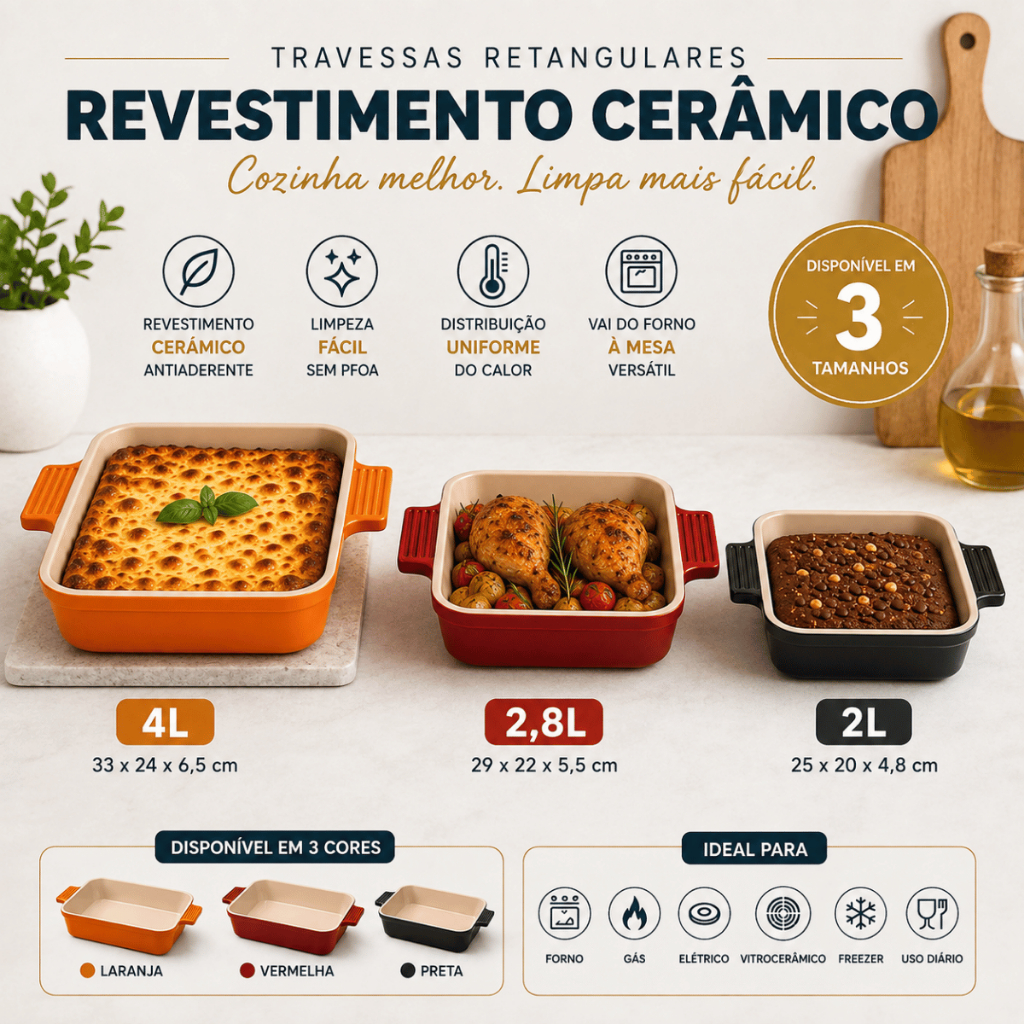 Travessa Retangular Cerâmica Antiaderente p/ Forno 2L 2,8L e 4L Forma Alumínio Prensado Mega Oferta!