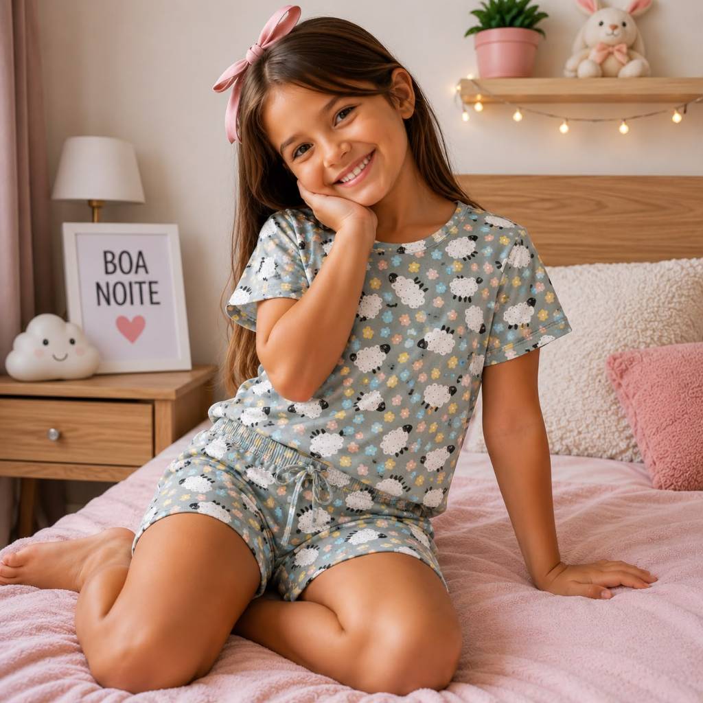 Conjunto Infantil Menina Suede Pijama Estampado Verão Blusa e Short Confortável 5 a 10 Anos