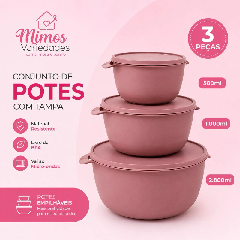 KIT 3 POTES BACIAS BOWL PLÁSTICOS COM TAMPA BPA FREE 2800ML+1000ML+500ML