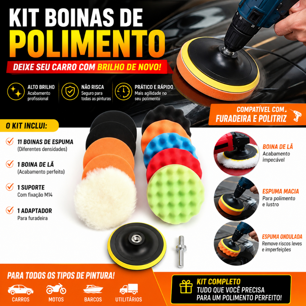 Kit 11 Peças Boinas Para Polimento Automotivo e Superfícies Espuma e Lã para Parafusadeira e Furadeira