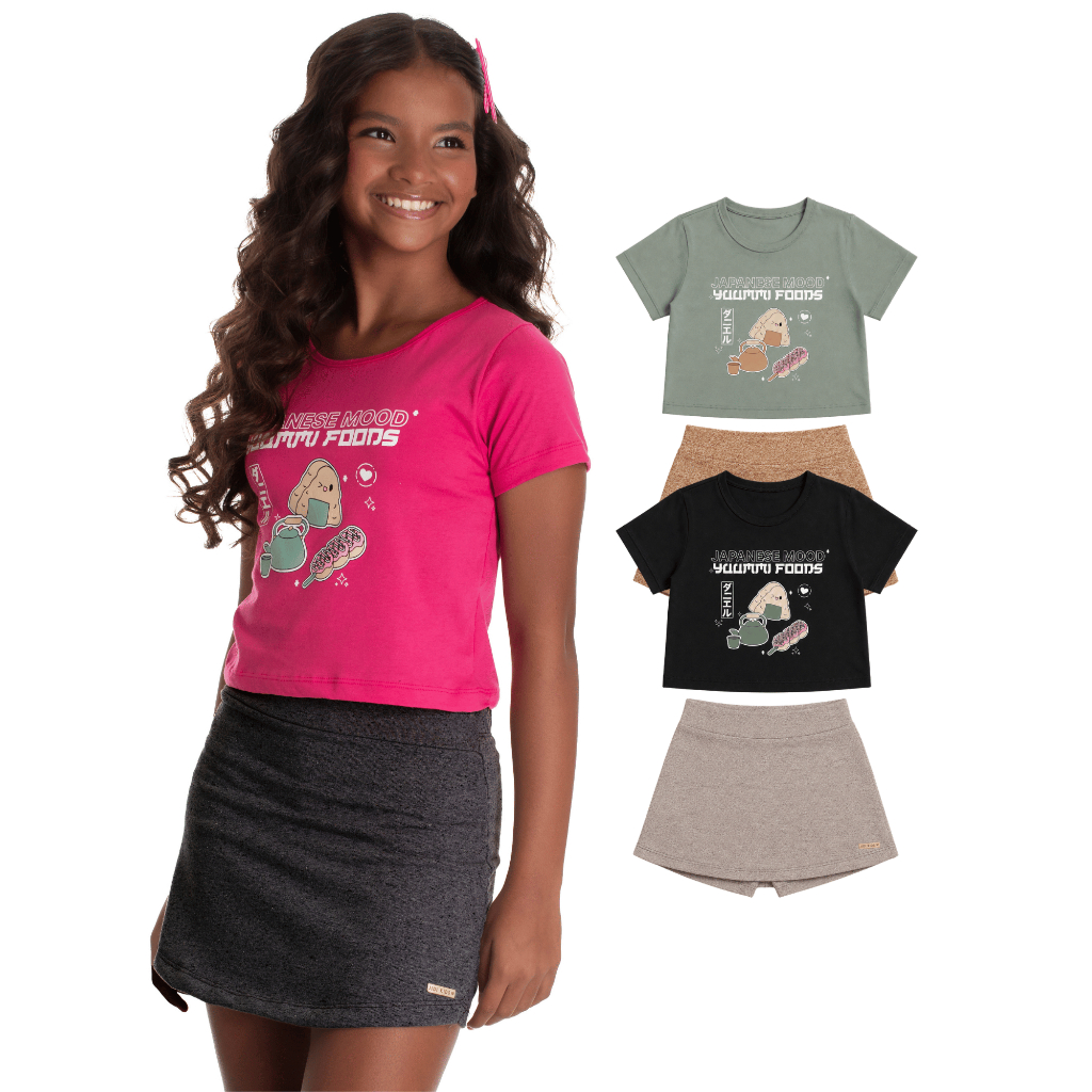 Conjunto Juvenil Feminino Blusa Cropped Algodão Short-Saia Moletinho Ecológico Verão Passeio 10 12 14