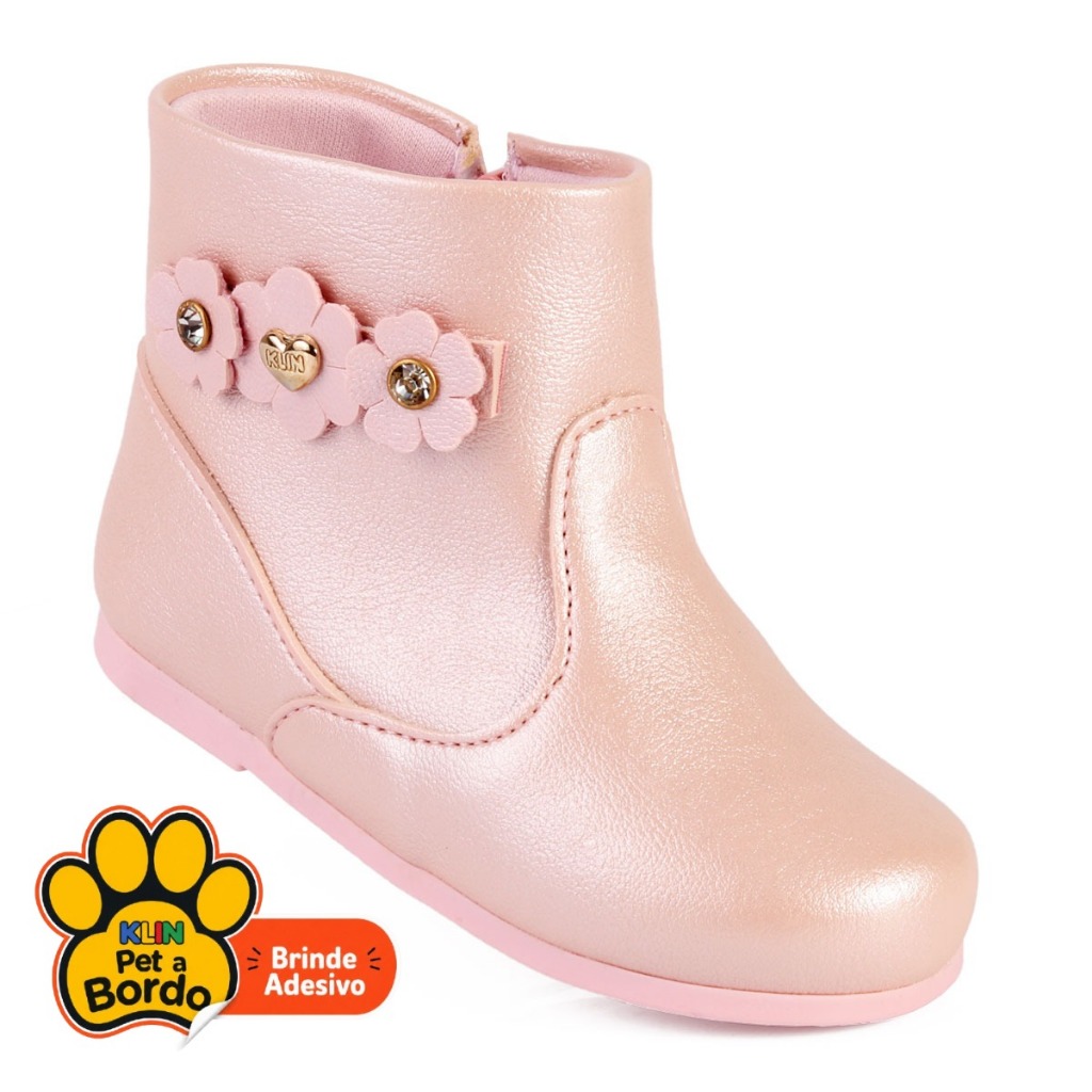 Bota Infantil Menina Klin Miss Rosa Perolada com Flores e Zíper Lateral