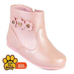 Bota Infantil Menina Klin Miss Rosa Perolada com Flores e Zíper Lateral