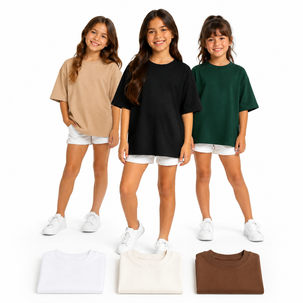 Camiseta Infantil Feminina Oversized 100% Malha Suedine Premium Lisa Confortável Blusa Básica Manga Curta Oversized