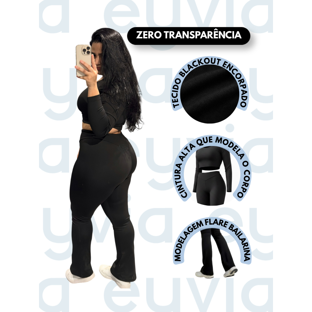 Conjunto Academia Legging Cropped Fitness Feminino Flare Cintura Alta Blackout Zero Transparência Bailarina