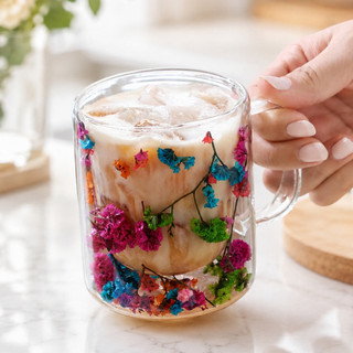 Caneca De Vidro Duplo Com Flores Secas 180ml Xícara Colorida presente mesa posta