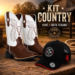 Kit Masculino Country Bota Texana + Boné de Redinha Estilo Cowboy Western Trucker Rodeio Festa Sertaneja Cavalgada