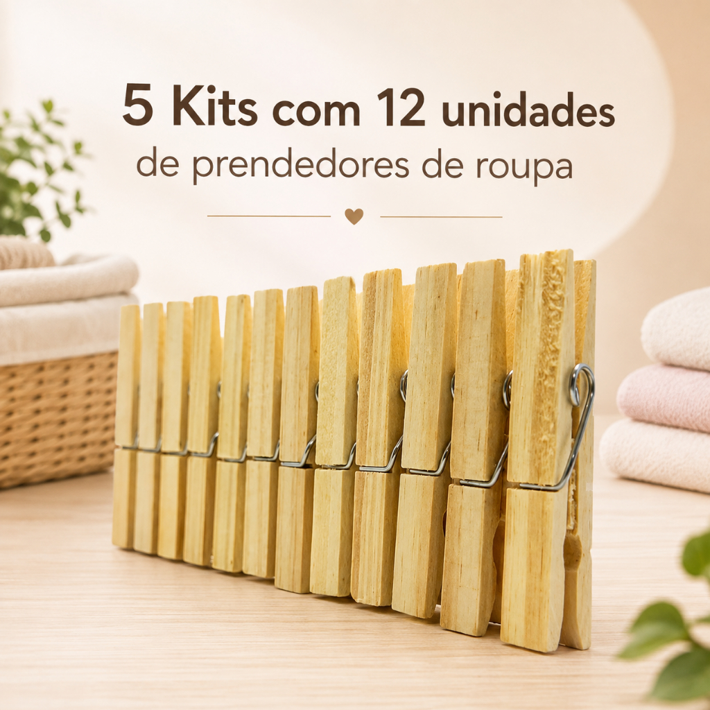 5 Kits de Prendedores de Roupas de Madeira com 12 Unidades