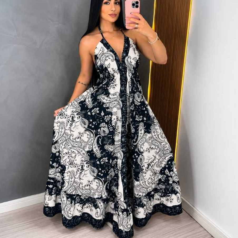 vestido indiano longo estampado longo decote costa nua