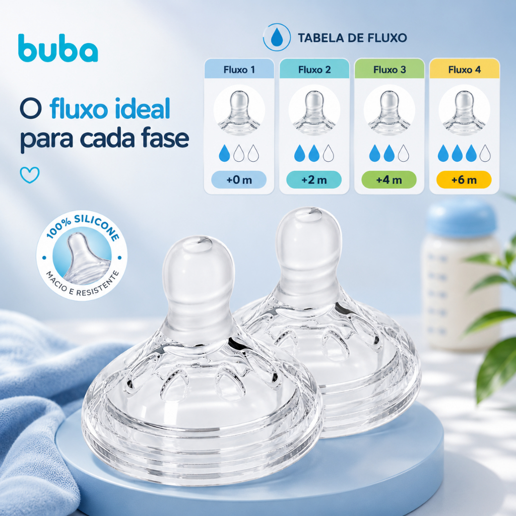 Kit 2 Bicos para Mamadeira Easy Flow Buba Válvula Anticólica Macio 100% Silicone