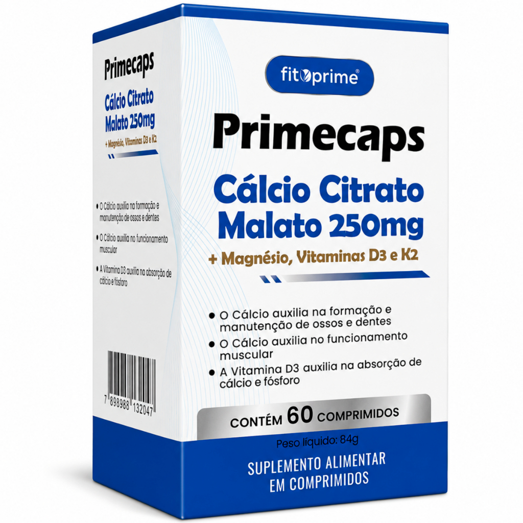 Cálcio Citrato Malato + Magnésio, Vitaminas D3 e K2 Primecaps 60 Comprimidos