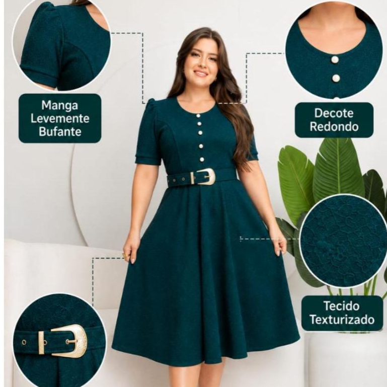 Vestido Femenino Elegante com cinto e botões saia Rodada en tecido Jacquard Texturizado