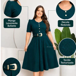 Vestido Femenino Elegante com cinto e botões saia Rodada en tecido Jacquard Texturizado