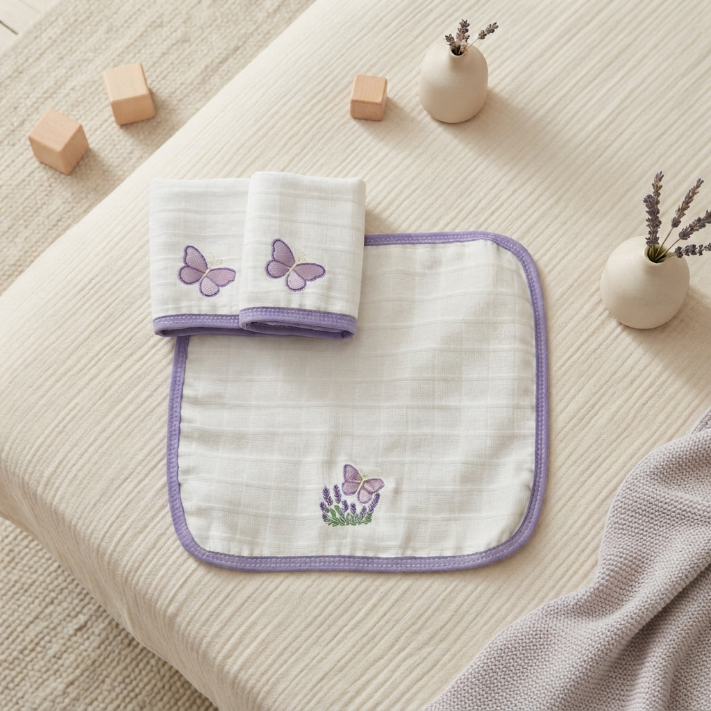 Fraldas de Boca Bebê Menina Trio Borboleta Lilás Bordadas 100% Algodão Macio Antialérgico Luxo