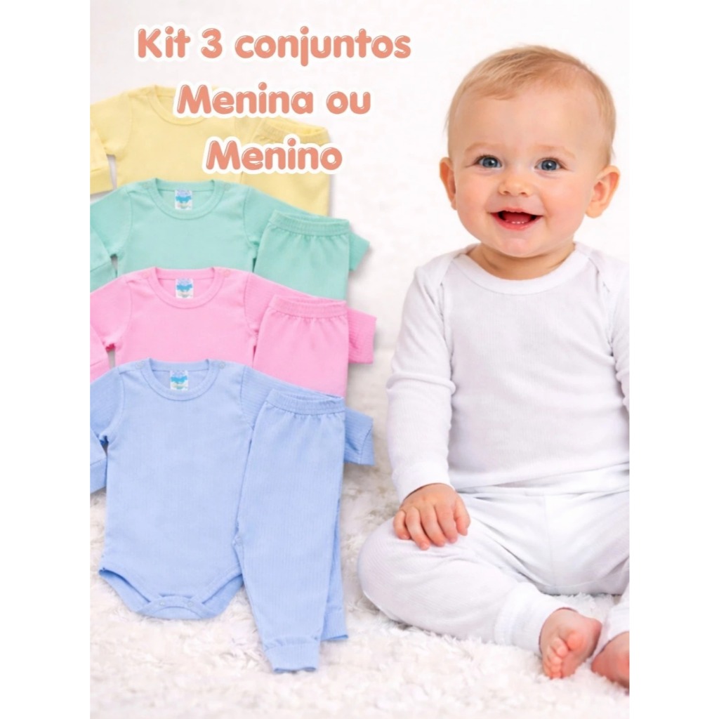 Kit 6 Peças Conjunto Body Manga Longa E Calça Mijão De Bebê Menino Menina enxoval — imagem 2 de 2