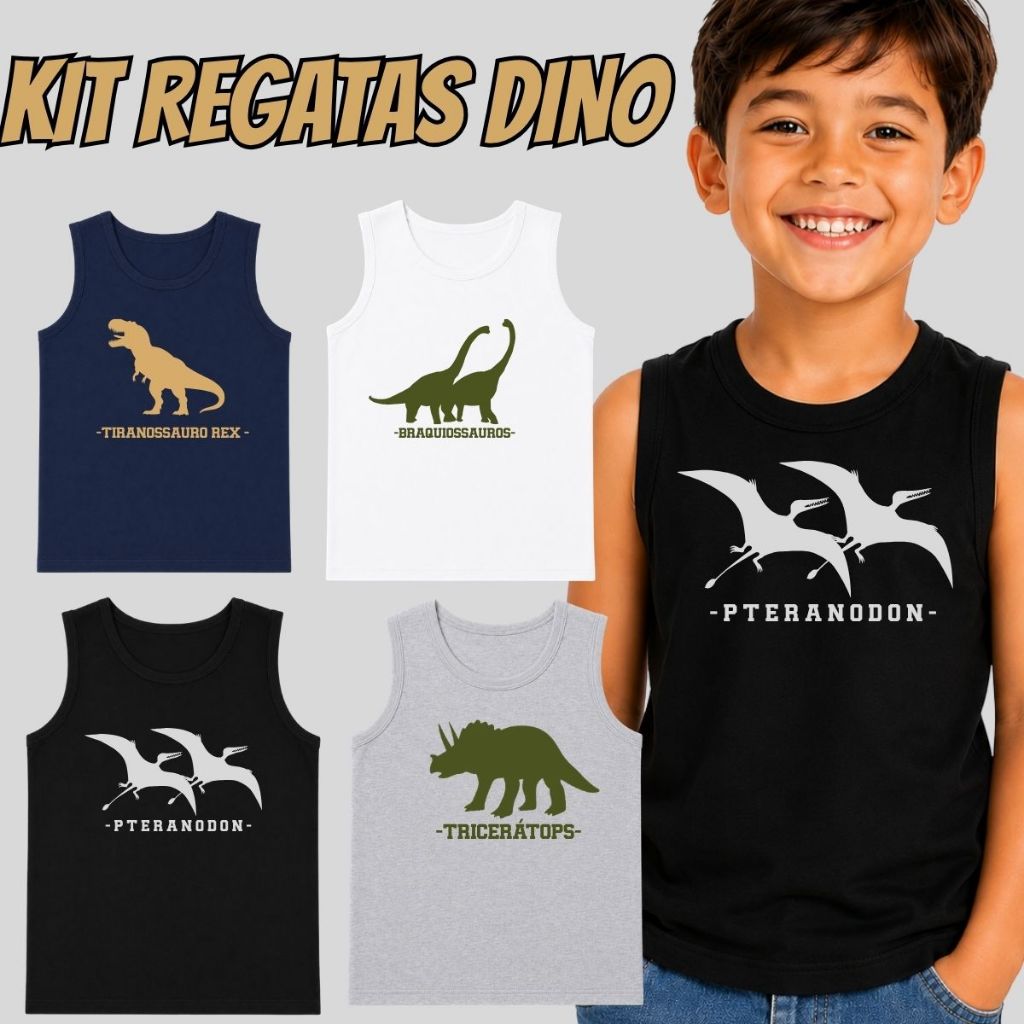 Kit 4 Camiseta Regata Infantil 100% Algodão Dino Dinossauro Tiranossauro Rex Verão Confortavél