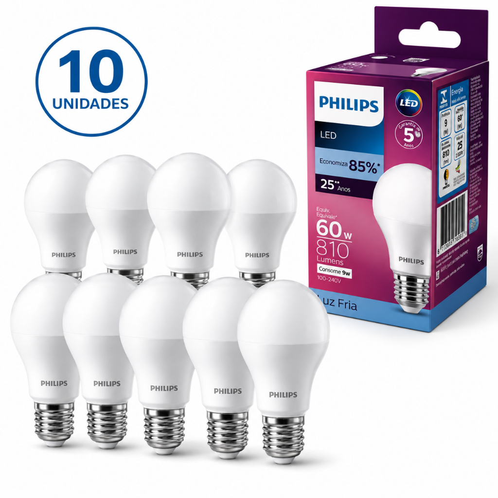10 Lâmpada LED Philips Bulbo 60W 810 Lumens Branca Fria 85% De Economia, Consome 9W 100-240V
