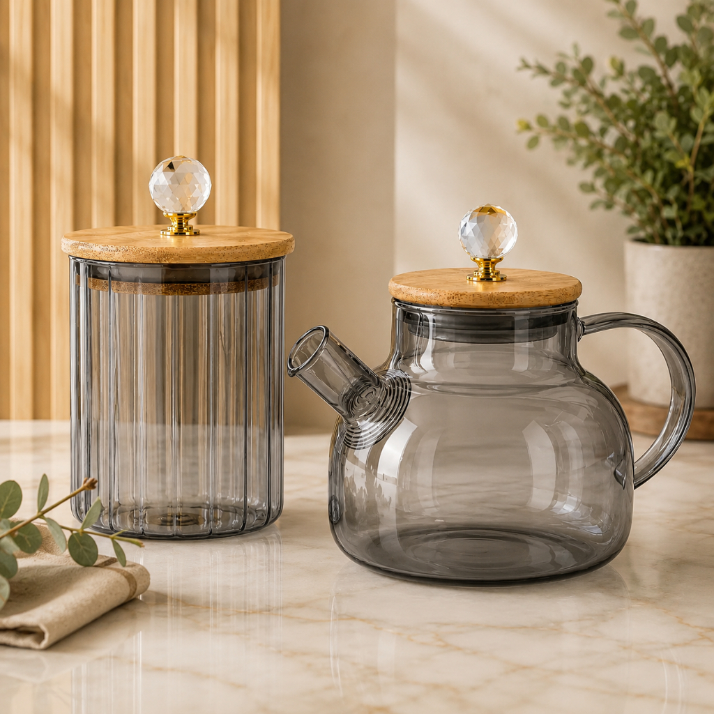 Jarra Bule Chaleira de Vidro Fumê 1L com Tampa de Bambu Cristal em Borossilicato
