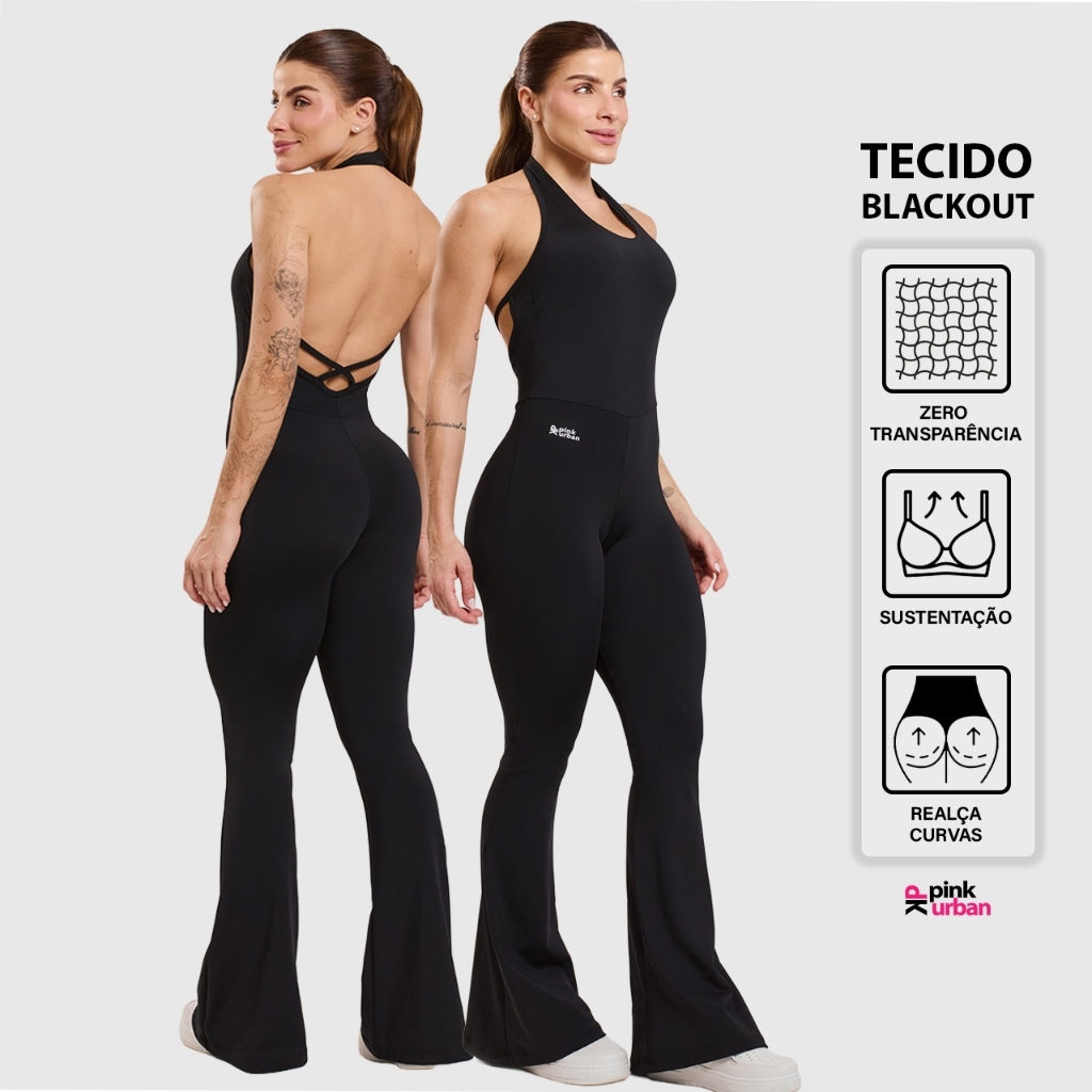Macacão Fitness Feminino Flare Costa Nua Trançado Decote U Frente Única Blackout Zero Transparência