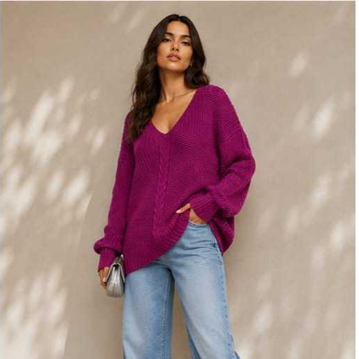 Blusa Tricô Feminina Oversized Manga Longa Gola V Inverno Confortável Básica Casual Moda Tendência
