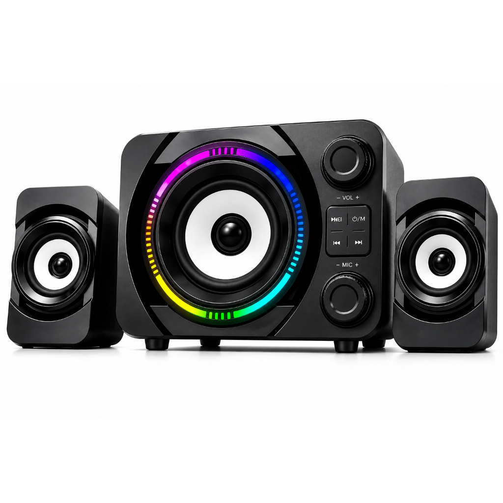 Home Theater Caixa de Som 2.1 Bluetooth 5.3 RGB USB AUX P2 FM PC Smart TV Com entrada P/ Microfone