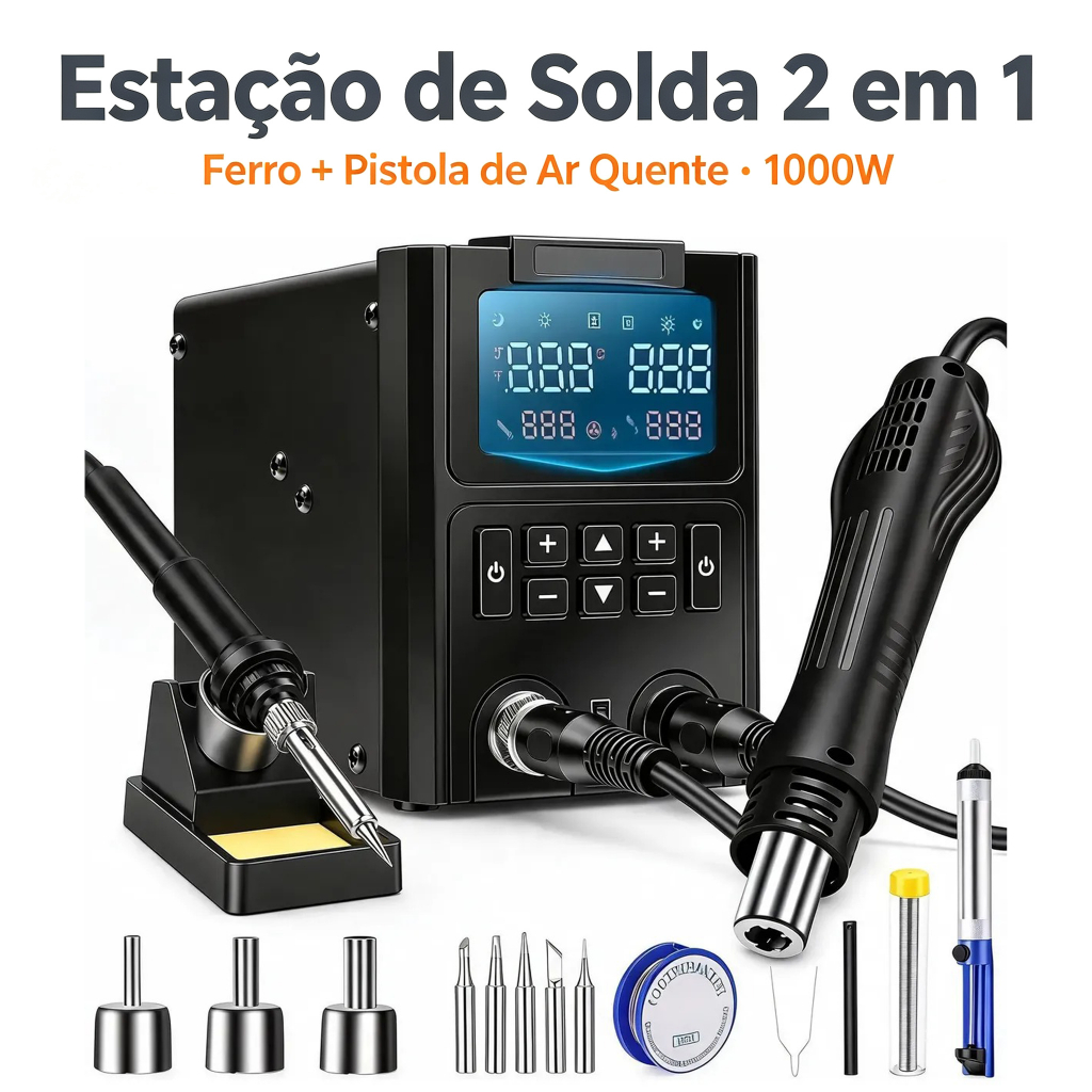 Estação de Solda 2 em 1 1000W Ferro Soldar Pistola Ar Quente Digital Sleep Automático Temperatura Ajustável Kit Completo
