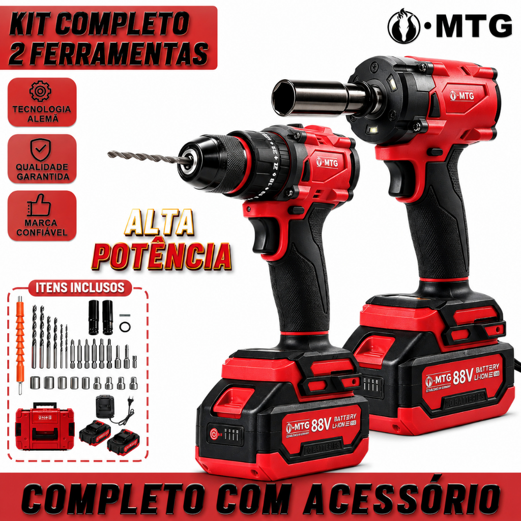 Furadeira e Chave de Impacto 88V Brushless 2 em 1 Profissional 2 Baterias Lítio Maleta Rígida