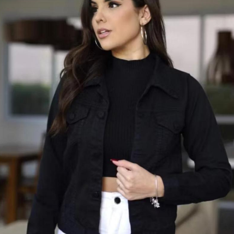 Jaqueta Sarja Jeans Básica Botões Encapado Moda Feminina Tendência Da Moda Novo