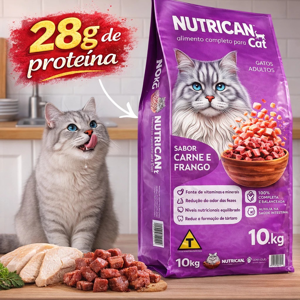 Ração para Gatos Adultos Nutrican Cat Carne e Frango 10,1kg Alimento Premium Completo, Nutrição Balanceada, Proteínas
