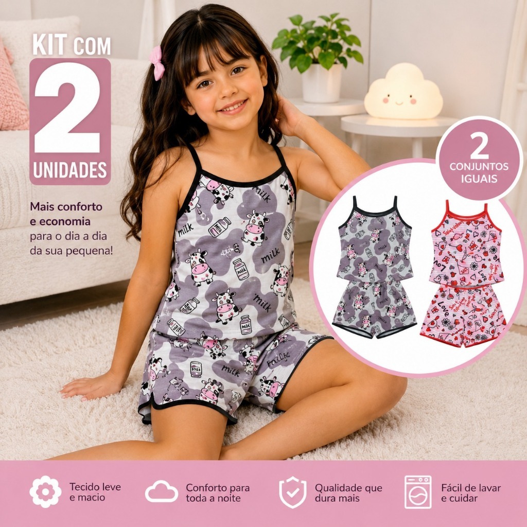 Kit 2 Short Doll Infantil Feminino Pijama Confortável Roupa de Dormir para Menina