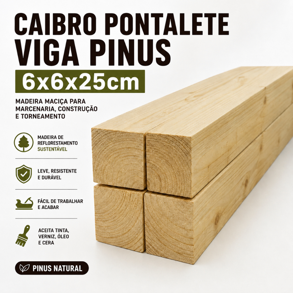 Caibro/Pontalete/Viga 6x6x25cm Pinus 4 caibros Tornear  Construção Madeira Kit pé de mesa Lixado