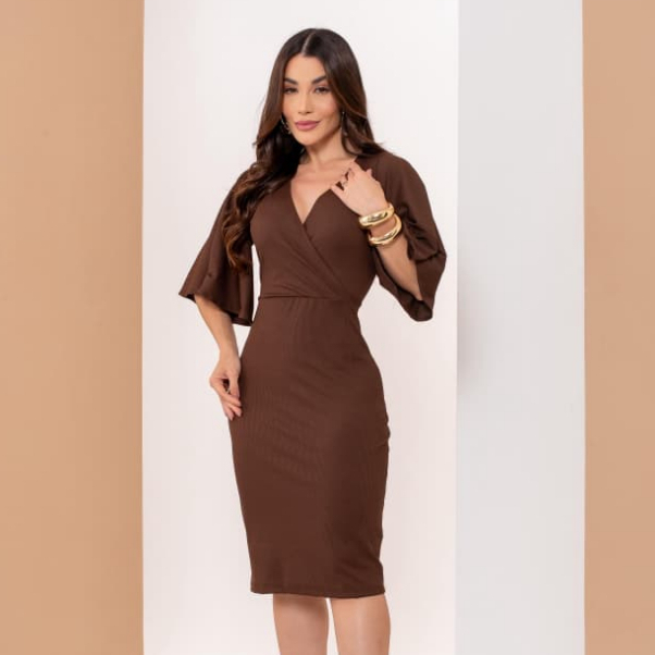Vestido Midi Feminino Malha Crepe Manga Flare Decote Transpassado Elegante Social Festa Moda Evangélica