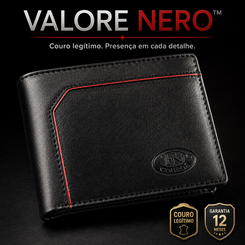 Carteira Masculina Couro Legítimo Preta Slim Compacta Porta Cartão Documento Dinheiro Presente Valore Nero™ Premium Luxo