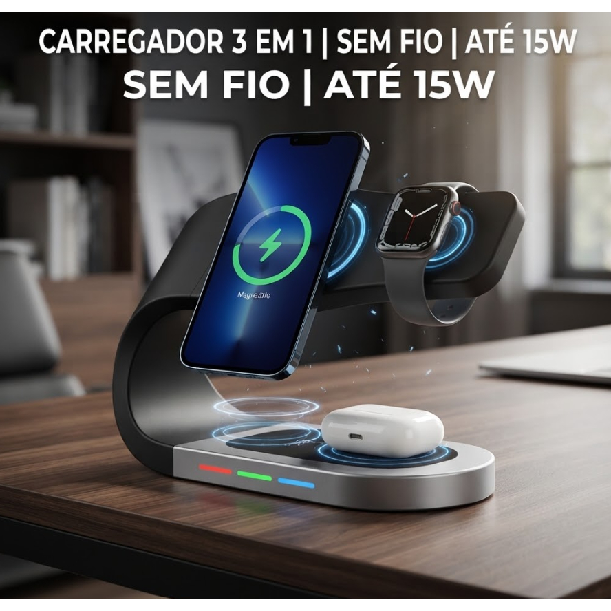 Carregador Sem Fio MagSafe 3 em 1 Magnético 15W para iPhone Apple Watch e AirPods